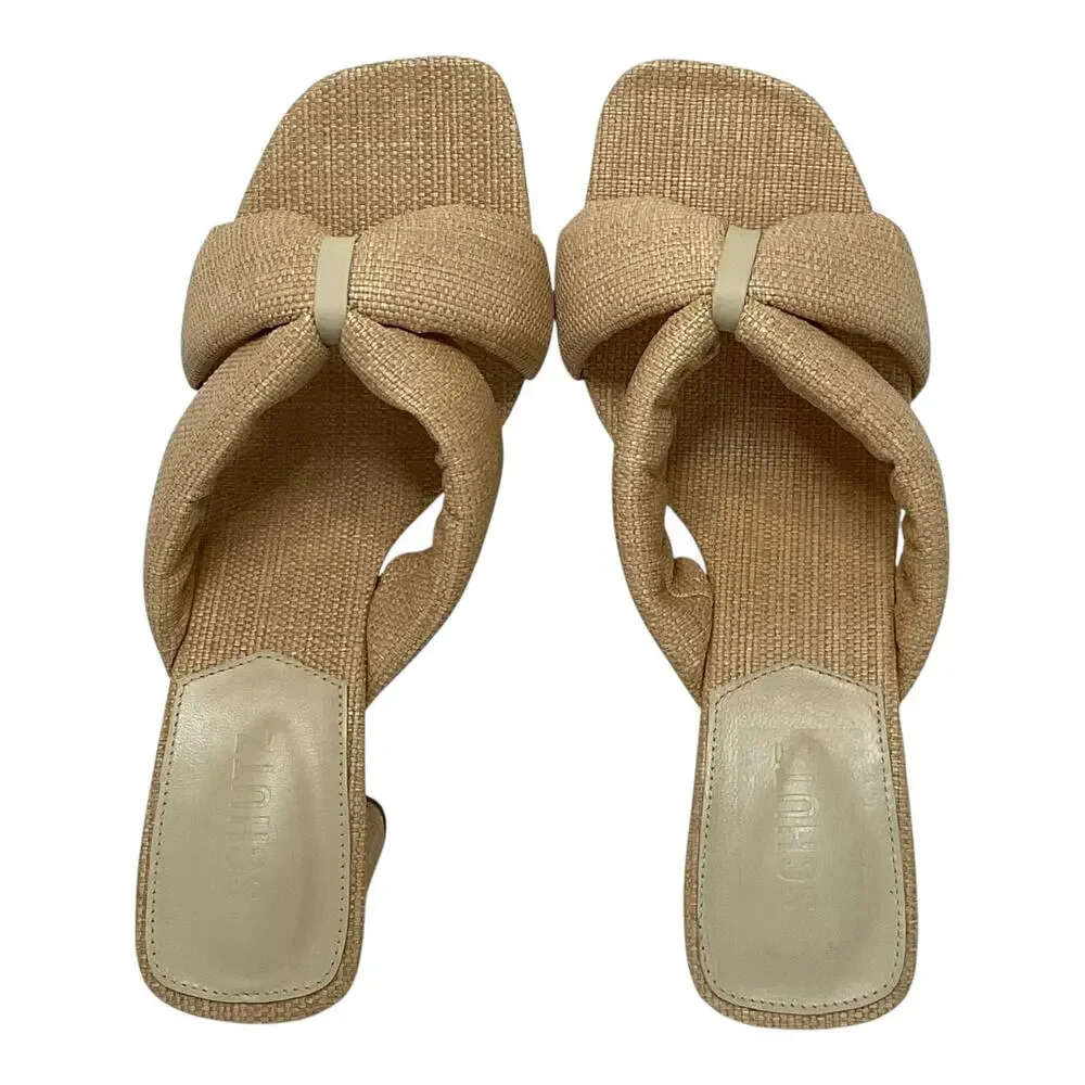 Schutz Women's Fairy Tied Straps Block Heel Slip On Sandals Beige Size 10